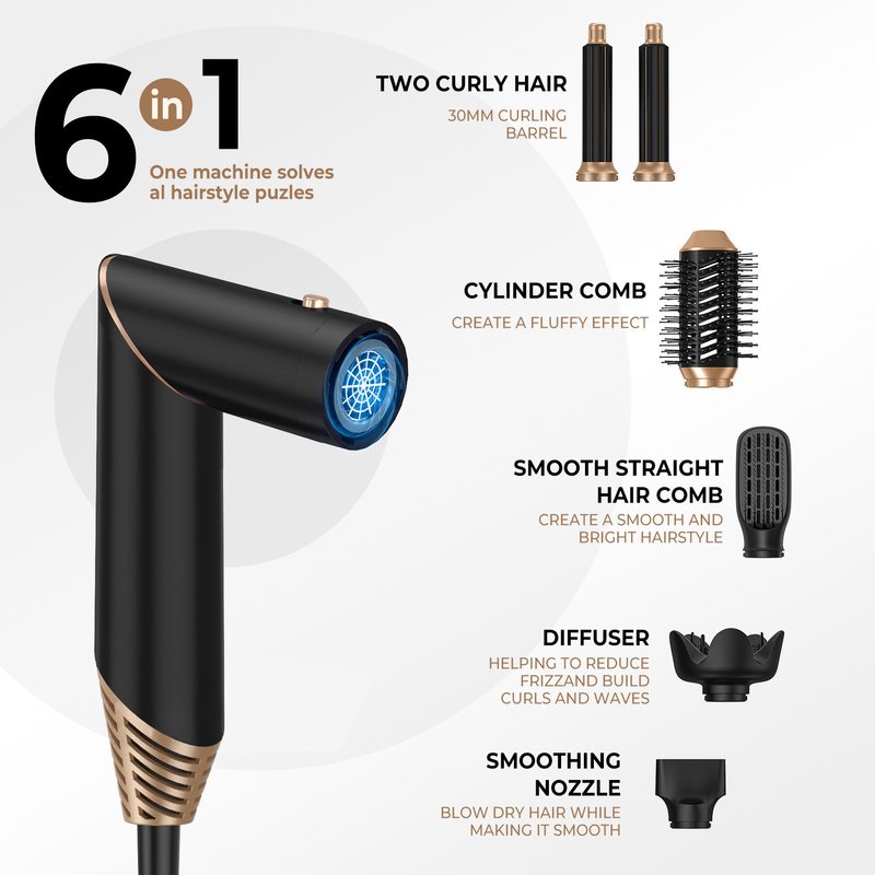 Professionele 6 in 1 krachtige opvouwbare haarstiler met warme lucht droger Ionische schoonheidssalon Balck Golden