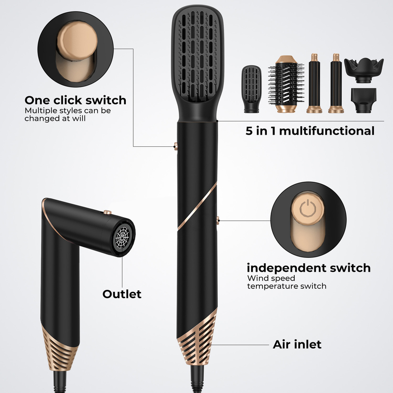 Professionele 6 in 1 krachtige opvouwbare haarstiler met warme lucht droger Ionische schoonheidssalon Balck Golden