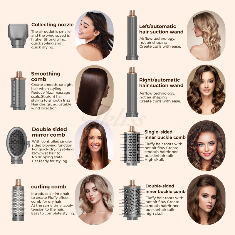 8-in-1 opvouwbare haardroger set met verstelbare warmteinstellingen en multi-nozzle ontwerp