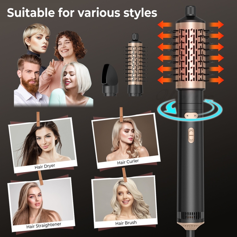 Haardroger Borstel 6 in 1 Haarstiler Zilveren Ionische Technologie Sneldrogen Multi Styler voor recht krullend en krullend haar